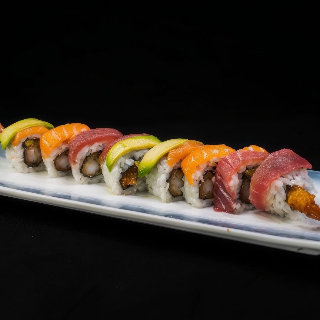 Roll de sushi arcoíris con salmón, atún y aguacate