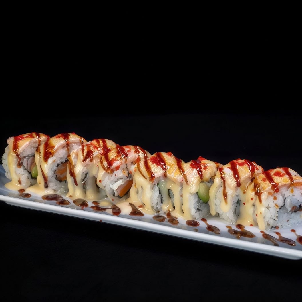Rollo de sushi con salsa sobre plato blanco rectangular